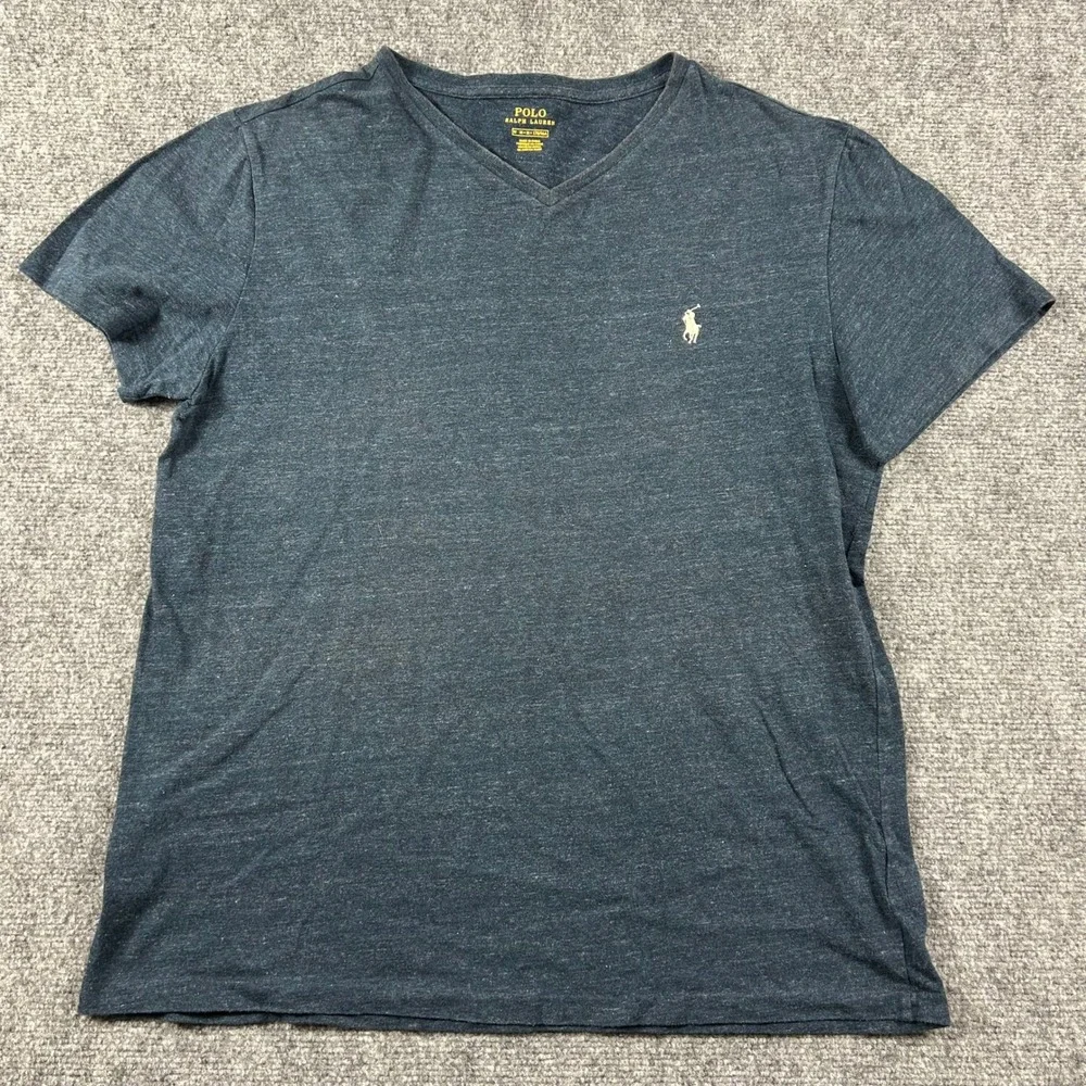 Polo Ralph Lauren V-Neck T-Shirt Mens‎ Medium Navy Blue Heathered Pony Logo Tee